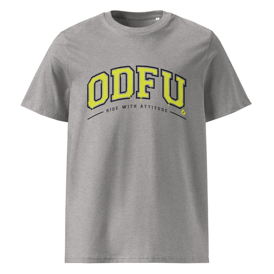 T-shirt ODFU Ride With Attitude coton bio unisexe style varsity motard gris