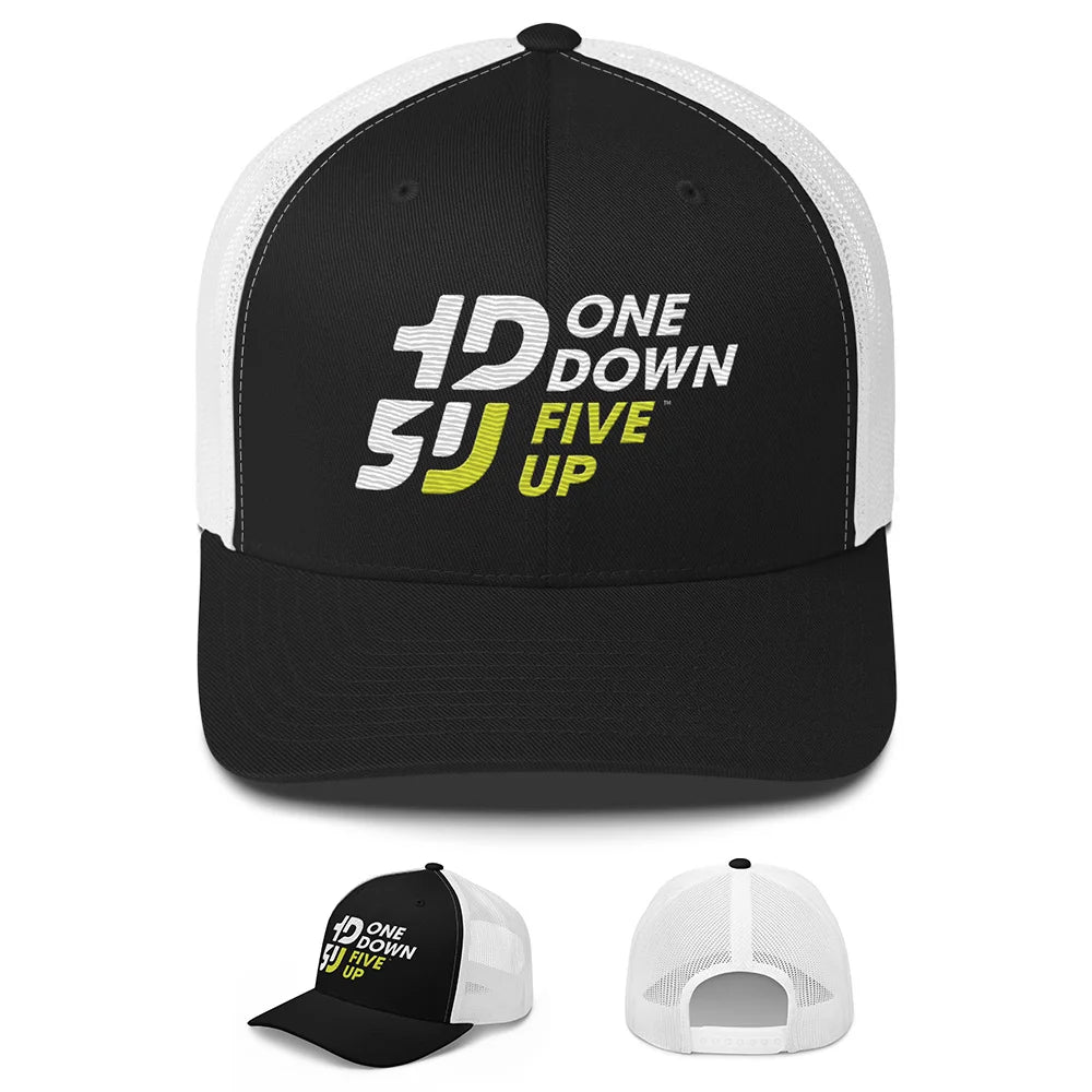 casquette moto Trucker retro noir blanc streetwear motard One Down Five Up logo broderie