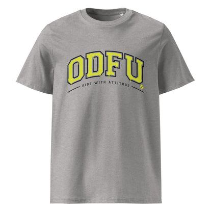 T-shirt ODFU Ride With Attitude coton bio unisexe style varsity motard gris