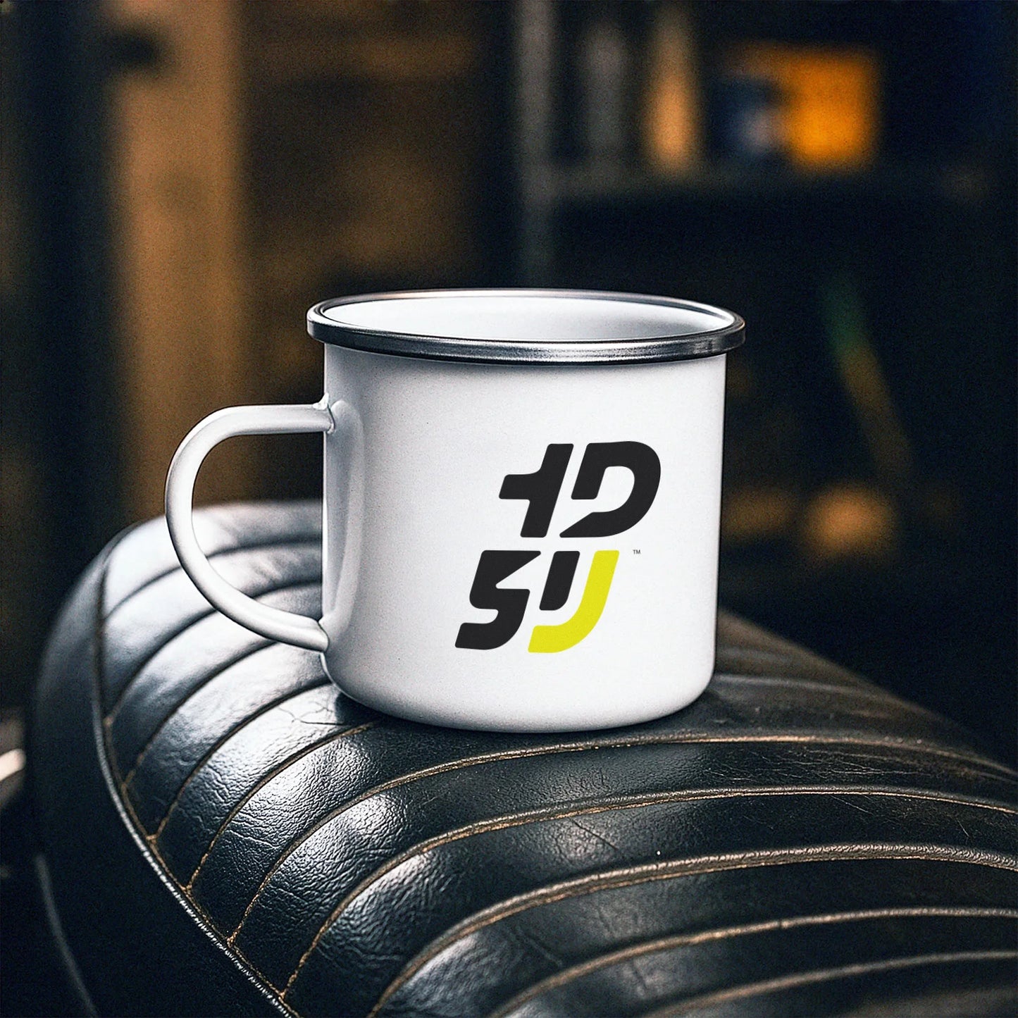 tasse émaillée moto mug métal motard accessoire biker blanche rebord acier objet motard utile mug vintage