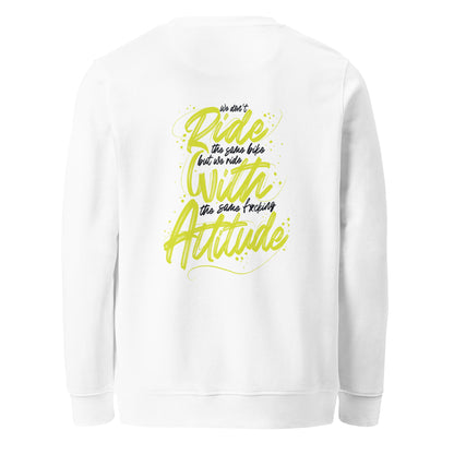Sweat écologique moto blanc avec logo monogramme et slogan graffiti Ride with attitude