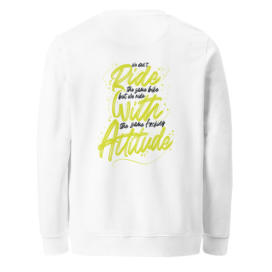Sweat écologique moto blanc avec logo monogramme et slogan graffiti Ride with attitude