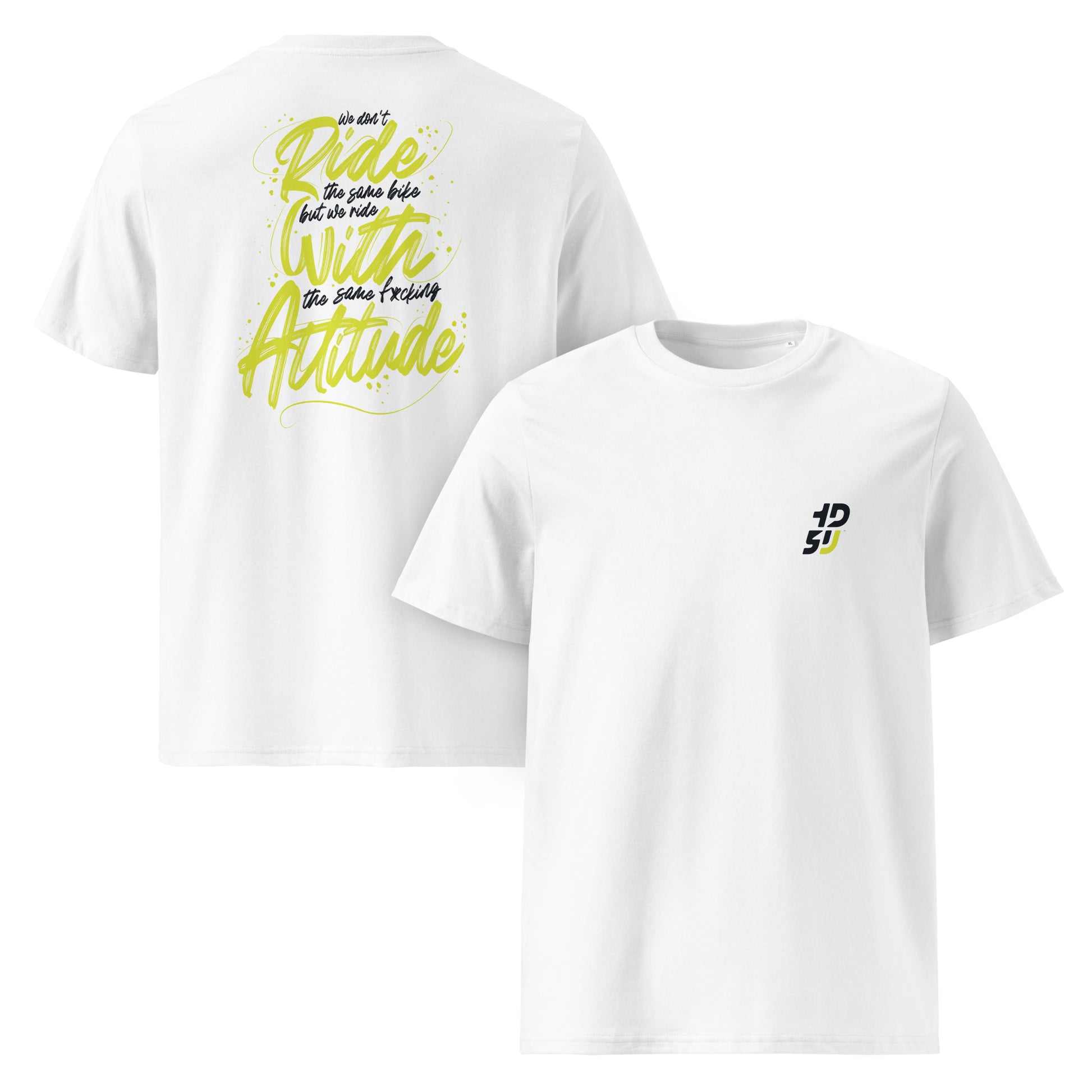 T-shirt blanc ODFU Ride with Attitude coton bio graffiti streetwear motard face avant arriere