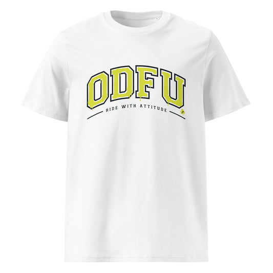 T-shirt ODFU University coton bio unisexe style varsity motard blanc