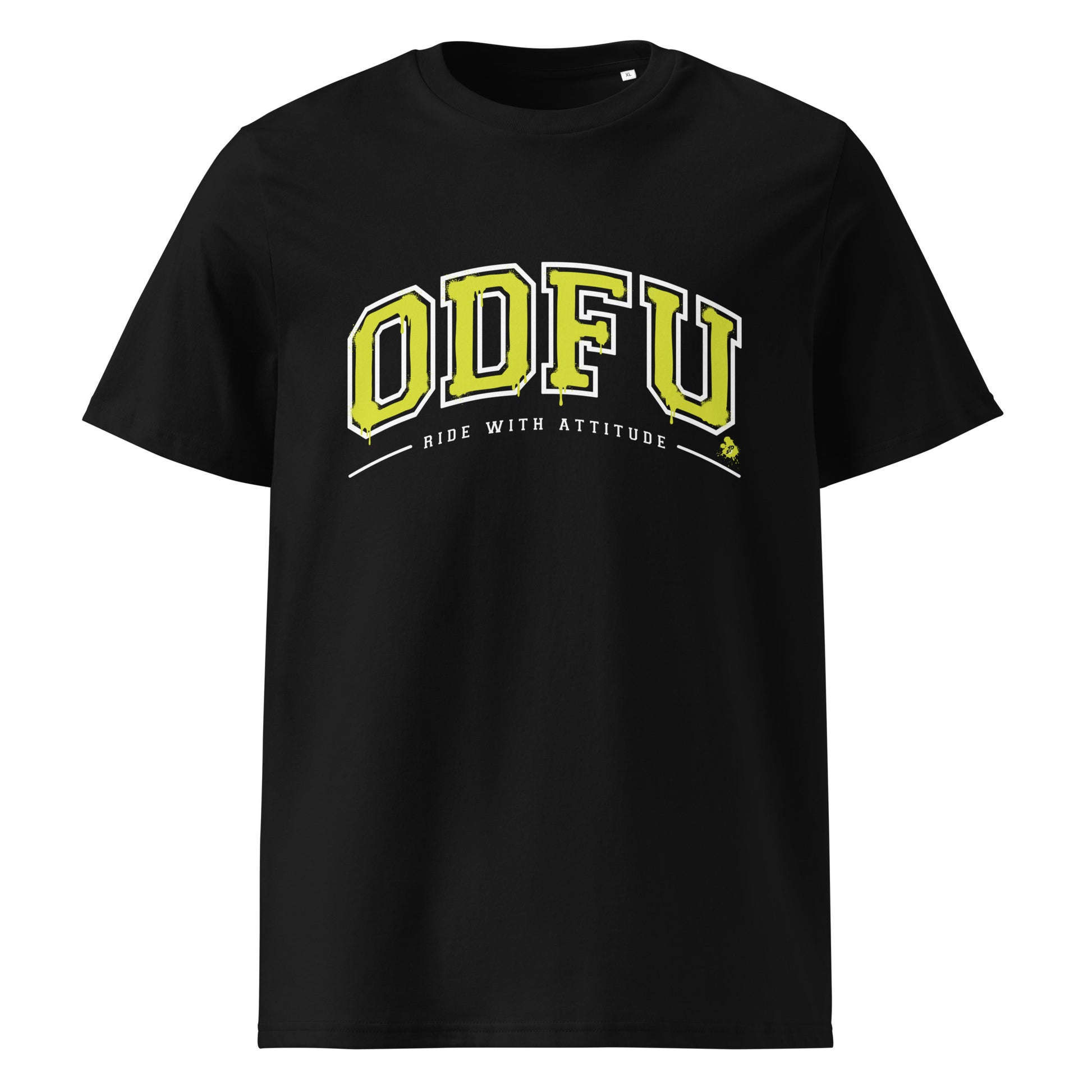 T-shirt ODFU Ride With Attitude coton bio unisexe style varsity motard noir