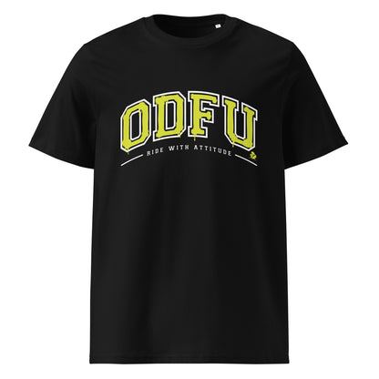 T-shirt ODFU Ride With Attitude coton bio unisexe style varsity motard noir