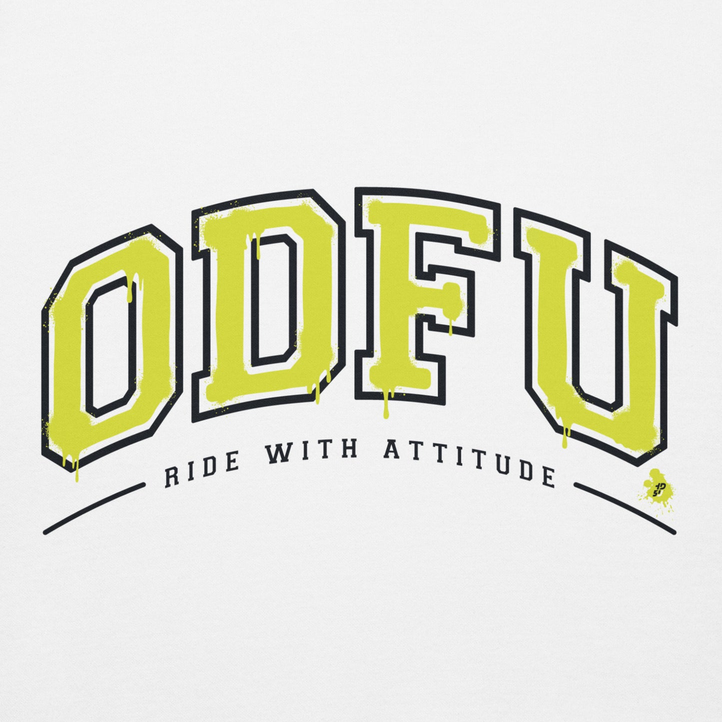 T-shirt ODFU Ride With Attitude coton bio unisexe style varsity motard detail blanc